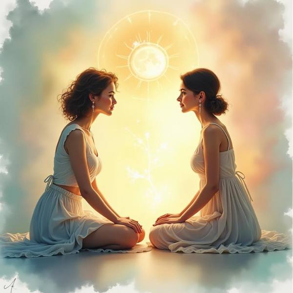 Deux femmes assise au sol, face à face qui se regarde. le soleil illumine au dessus d'elles.