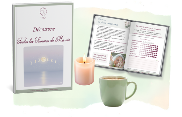 Livre ouvert montrant les pages de Toutes les Femmes de Ma vie offert pour découvrir son cycle féminin avec une bougie, une tasse de boisson chaude.